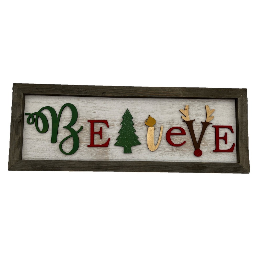 Rustic Wooden Christmas Believe Sign Farmhouse Holiday Wall Decor 15"